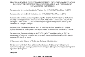 Circular No. 03/2016/TT-NHNN foreign exchange administration enterprises foreign borrowing debt repayment