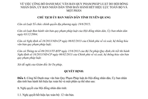 Quyết định 180/QĐ-UBND năm 2016 công bố danh mục văn bản quy phạm pháp luật do Hội đồng nhân dân, Ủy ban nhân dân tỉnh Tuyên Quang ban hành hết hiệu l