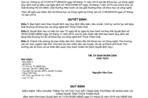 Quyết định 11/2016/QĐ-UBND xét tặng giải thưởng khoa học công nghệ Thừa Thiên Huế 2016