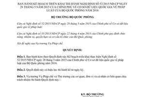 Quyết định 481/QĐ-BQP triển khai Nghị định 52/2015/NĐ-CP Cơ sở dữ liệu quốc gia về pháp luật