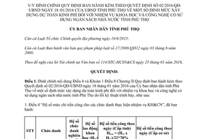 Quyết định 307/QĐ-UBND đính chính 02/2016/QĐ-UBND mức dự toán kinh phí nhiệm vụ khoa học Phú Thọ