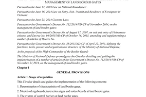 Circular 09/2016/TT-BQP guiding implementation 112/2014/ND-CP management land border gates