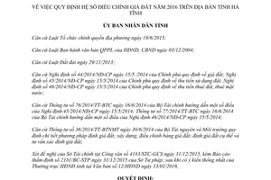 Quyết định 04/2016/QĐ-UBND hệ số điều chỉnh giá đất 2016 Hà Tĩnh