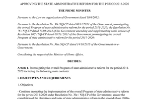 Decision No. 225/QD-TTg approving the state administrative reform 2016 2020