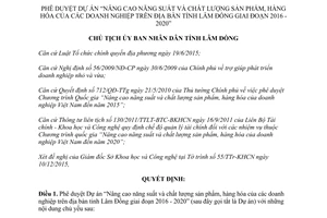 Quyết định 225/QĐ-UBND nâng cao năng suất chất lượng sản phẩm hàng hóa của doanh nghiệp Lâm Đồng