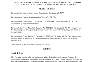 Decision 229/QD-TTg policy implementation strategy plan development vietnam automobile industry