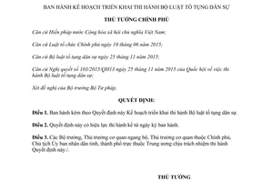 Quyết định 235/QĐ-TTg kế hoạch triển khai thi hành Bộ luật tố tụng dân sự 2016