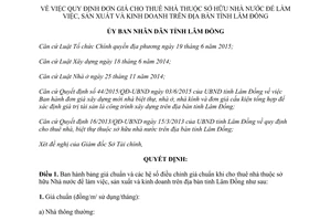 Quyết định 259/QĐ-UBND đơn giá cho thuê nhà sở hữu nhà nước Lâm Đồng 2016