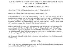 Quyết định 11/2016/QĐ-UBND bảng hệ số điều chỉnh giá đất Lâm Đồng 2016