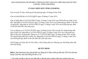 Quyết định 16/2016/QĐ-UBND bảng hệ số điều chỉnh giá đất huyện Lâm Hà Lâm Đồng 2016