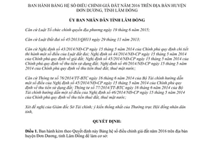 Quyết định 15/2016/QĐ-UBND bảng hệ số điều chỉnh giá đất huyện Đơn Dương Lâm Đồng 2016