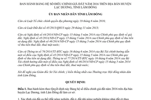 Quyết định 12/2016/QĐ-UBND bảng hệ số điều chỉnh giá đất Lâm Đồng 2016