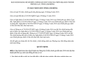 Quyết định 10/2016/QĐ-UBND bảng hệ số điều chỉnh giá đất Lâm Đồng 2016