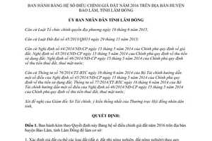 Quyết định 18/2016/QĐ-UBND bảng hệ số điều chỉnh giá đất huyện Bảo Lâm Lâm Đồng 2016
