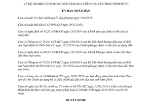 Quyết định 09/2016/QĐ-UBND hệ số điều chỉnh giá đất Vĩnh Phúc 2016