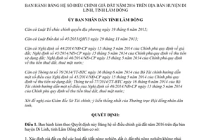 Quyết định 17/2016/QĐ-UBND bảng hệ số điều chỉnh giá đất huyện Di Linh Lâm Đồng 2016