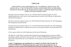 Circular 01/2016/TT-BNNPTNT amends 57/2012/TT-BNNPTNT Beta agonist group banned livestock production