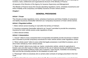 Circular No. 22/2016/TT-BTC premiums limits liability compulsory civil liability insurance motor vehicle owners