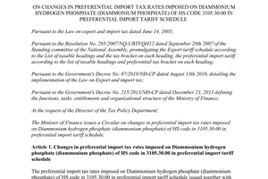Circular No. 25/2016/TT-BTC changes preferential import tax rates diammonium phosphate 2016