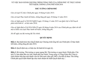 Quyết định 253/QĐ-TTg chương trình tổng thể thực hành tiết kiệm chống lãng phí 2016