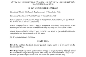 Quyết định 22/2016/QĐ-UBND công tác tài liệu lưu trữ Lâm Đồng 2016