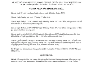 Quyết định 441/QĐ-UBND bổ sung khu vực không đấu giá quyền khai thác khoáng sản Khánh Hòa 2016