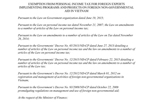 Decision No. 06/2016/QD-TTg exemption personal income tax foreign experts projects foreign
