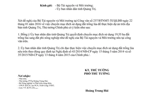 Công văn 233a/TTg-KTN chuyển mục đích sử dụng đất trồng lúa thực hiện dự án trên tỉnh Quảng Trị 2016