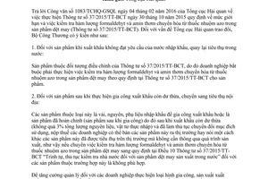 Công văn 1626/BCT-KHCN thực hiện 37/2015/TT-BCT formaldehyt amin thơm từ azo dệt may 2016