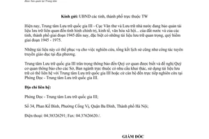 Công văn 68/TTLTIII-PĐ nội dung tài liệu lưu trữ bảo quản trung tâm lưu trữ quốc gia 2016