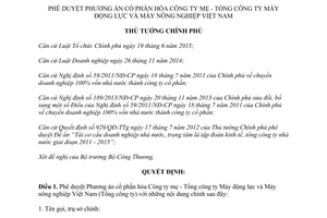 Quyết định 562/QĐ-TTg phương án cổ phần hóa công ty mẹ máy động lực nông nghiệp Việt Nam 2016