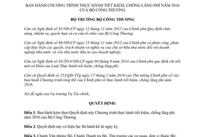 Quyết định 1296/QĐ-BCT chương trình thực hành tiết kiệm chống lãng phí 2016