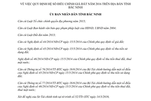 Quyết định 14/2016/QĐ-UBND quy định hệ số điều chỉnh giá đất Bắc Ninh 2016