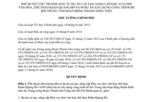 Quyết định 594/QĐ-TT phê duyệt chủ trương đầu tư dự án cải tạo Khu vui chơi Khăn Quàng Đỏ 2016