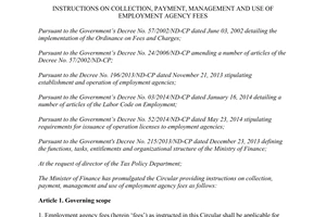 Circular 72/2016/TT-BTC instructions collection payment management use employment agency fees