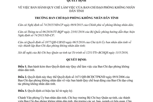 Quyết định 58/QĐ-BCĐ quy chế làm việc Ban Chỉ đạo phòng không nhân dân Thái Bình 2016
