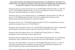 Circular 96/2016/TT-BTC documentation procedures personal income tax exemption foreign experts