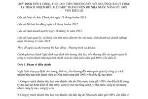 Nghị định 52/2016/NĐ-CP tiền lương thù lao tiền thưởng người quản lý công ty nhà nước nắm vốn điều lệ