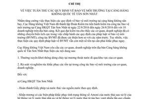Chỉ thị 4038/CT-CHK tuân thủ quy định bảo vệ môi trường tại cảng hàng không quốc tế Tân Sơn Nhất 2016