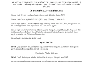 Quyết định 32/2016/QĐ-UBND thu nộp quản lý phí lệ phí thẩm quyền Hội đồng nhân dân Hải Dương