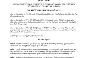 Quyết định 70/QĐ-HQĐNa cơ cấu tổ chức Phòng Giám sát Hải quan Đồng Nai 2017