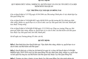 Quyết định 74/QĐ-HQĐNa cơ cấu tổ chức của Đội Kiểm soát Hải quan  Cục Hải quan Đồng Nai 2017