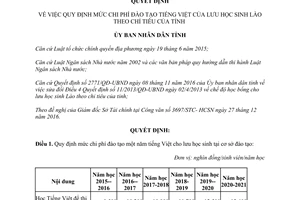 Quyết định 14/QĐ-UBND mức chi phí đào tạo tiếng Việt cho lưu học sinh Lào theo chỉ tiêu Huế 2017