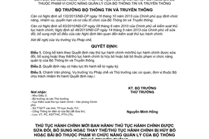 Quyết định 02/QĐ-BTTTT 2017 thủ tục hành chính mới sửa đổi bổ sung hủy bỏ bãi bỏ