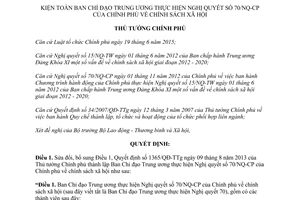 Quyết định 15/QĐ-TTg kiện toàn Ban Chỉ đạo Trung ương thực hiện 70/NQ-CP chính sách xã hội 2017