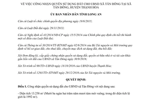 Quyết định 68/QĐ-UBND công nhận quyền sử dụng đất Tân Đông Long An 2016