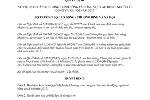 Quyết định 54/QĐ-LĐTBXH Chương trình công tác lĩnh vực lao động người có công xã hội 2017
