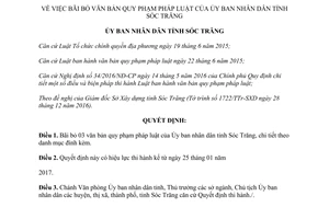 Quyết định 02/2017/QĐ-UBND bãi bỏ văn bản quy phạm pháp luật Ủy ban Sóc Trăng
