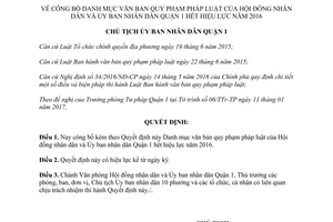 Quyết định 20/QĐ-UBND danh mục văn bản hết hiệu lực Quận 1 thành phố Hồ Chí Minh 2016 2017