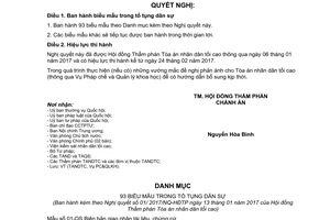 Nghị quyết 01/2017/NQ-HĐTP biểu mẫu trong tố tụng dân sự